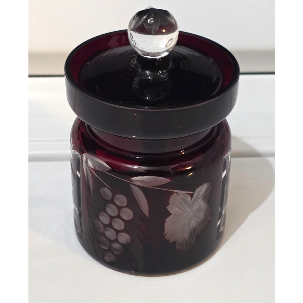 Vintage Romanian Ruby Red Cut to Clear Crystal Sugar Condiment Jam Jar